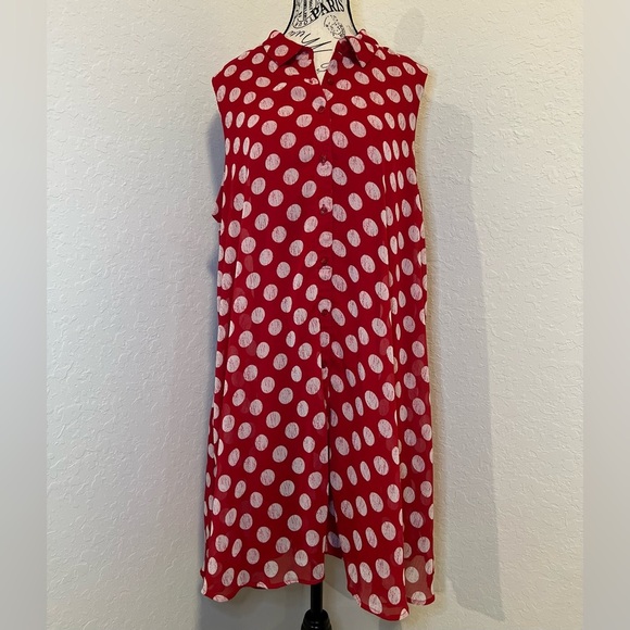 Red Polka Dot Button-Up Dress w Pockets - Picture 8 of 14